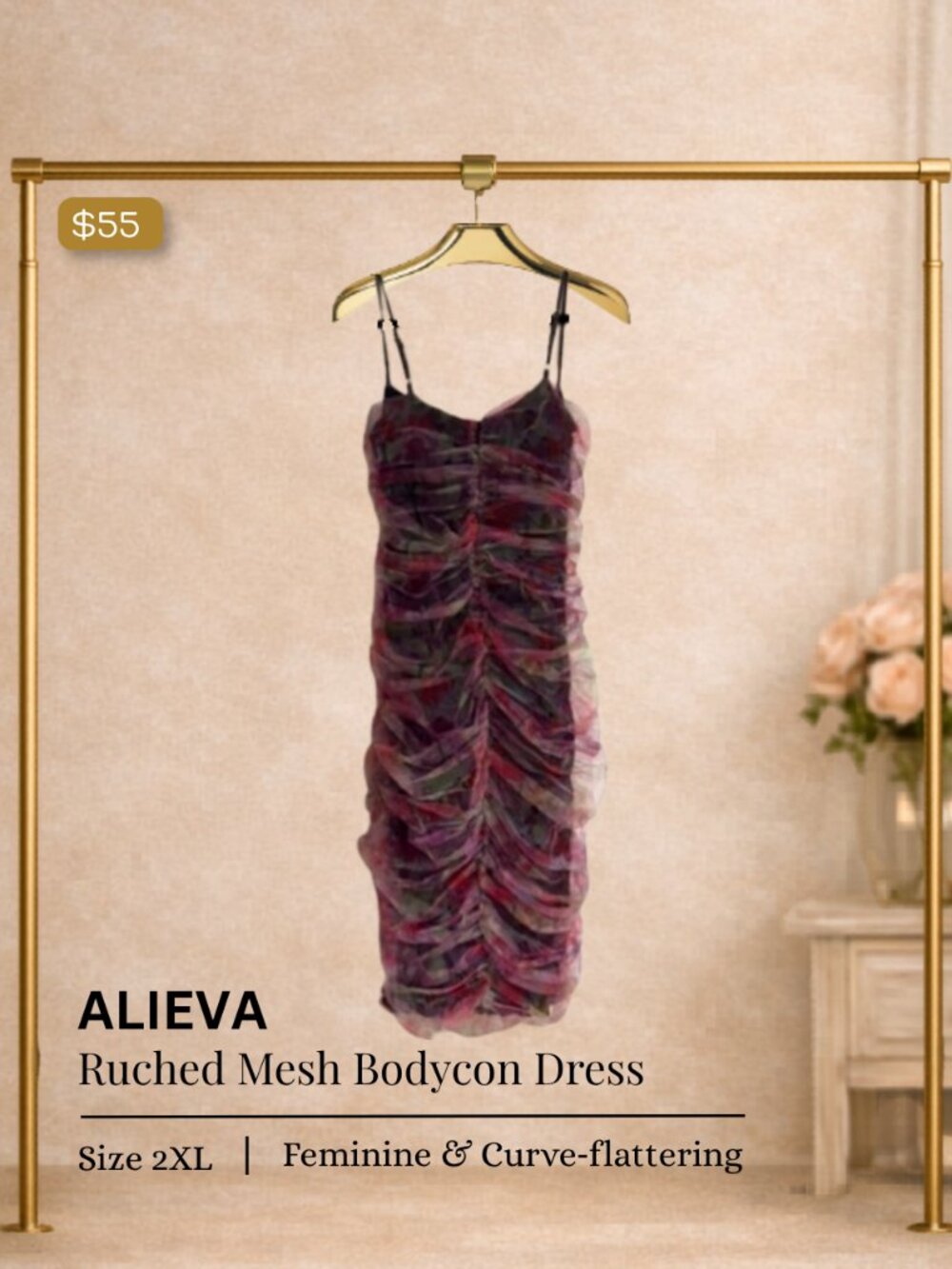 ALIEVA Ruched Mesh Bodycon Dress